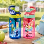 Personalised Rainbow Initial Cartoon Character 16 oz Water Bottle with Name Back to School Birthday Gift for Kids