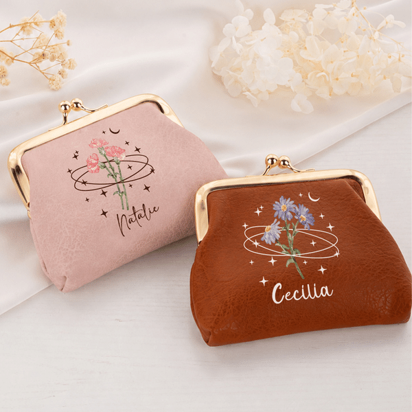 Porte-monnaie en simili cuir PU personnalisé avec fleur de naissance, fermeture à pression et prénom – Cadeau d'anniversaire pour un usage quotidien, idéal pour les amis, les mamans et les étudiants