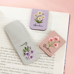 Personalized Multicolour Watercolour Birth Flower Magnetic PU Leather Bookmark Clip with Name Reading Birthday Gift for Book Lovers Bookworms
