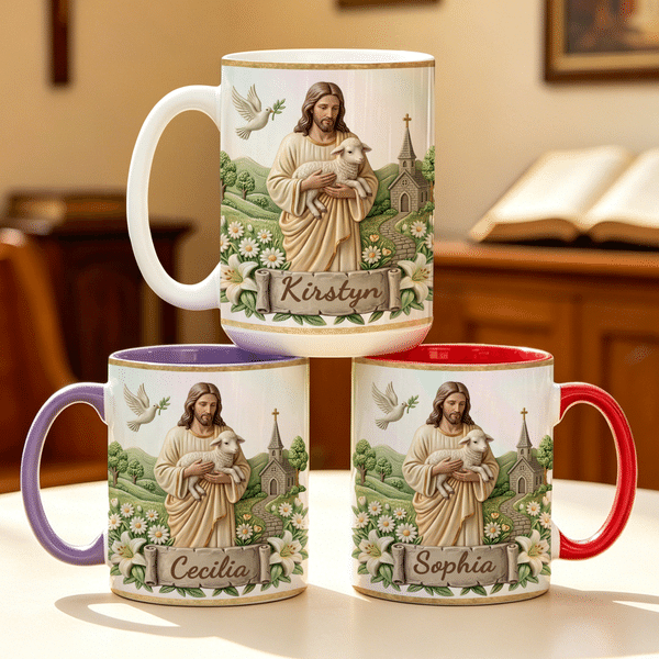 Personalized Jesus Sheep Pigeon 11 oz 15 oz Ceramic Coffee Mug with Name and Coaster Religious Baptism Memorial Birthday Gift for Christian Friend