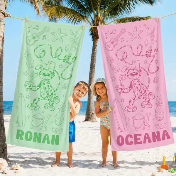 Spersonalizowany, szybkoschnący ręcznik plażowy w rozmiarze oversize z motywem lamparta i Marsupilamiego oraz imieniem – prezent na letnie wakacje i podróże dla dzieci | Callie × Marsupilami®