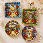 Personalized Stained Glass Style Floral Butterfly Pet Photo Circle Square Ceramic Trinket Jewellery Dish with Name Birthday Gift for Pet Lovers