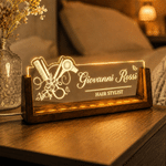 Personalized Hairdressing Pattern Design Acrylic LED Night Light with Name & Position and Wooden Base Hair Salon Birthday Gift for Hairdresser