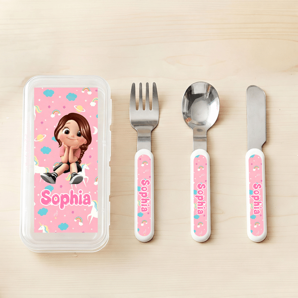 Personalised Cartoon Character Pattern Fork Spoon Knife 3 Pcs Cutlery Set with Name and Case Daily Use Birthday Gift for Kid