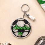 Personalisierter klassischer Fußball-Schlüsselanhänger aus Acryl mit Glitzer, Namen, Nummer und Quaste – für den täglichen Gebrauch, als Geschenk zum Schulanfang oder zum Geburtstag für Fußballfans