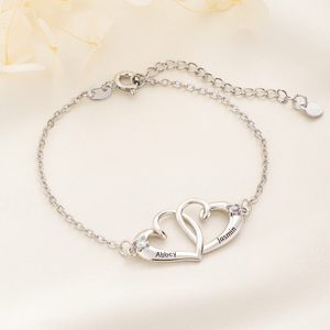 Personalized Double Heart Birthstone Bracelet with Name Dainty Jewellery Anniversary Birthday Gift for Woman Mom Girlfriend Wife