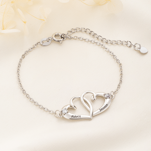 Personalised Double Heart Birthstone Bracelet with Name Dainty Jewellery Anniversary Birthday Gift for Woman Mum Girlfriend Wife
