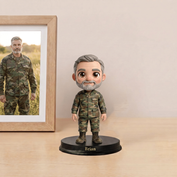 Personlig, kreativ fotostatett i 3D-tecknad stil föreställande en soldat, med text – prydnad till kontorsskrivbordet, födelsedagspresent till pensionerad soldat