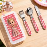 Personalized Cute Photo to Cartoon Safe Stainless Steel Kid's Fork Spoon Knife 3 Pcs Cutlery Set with Case and Name Birthday Gift for Boys Girls