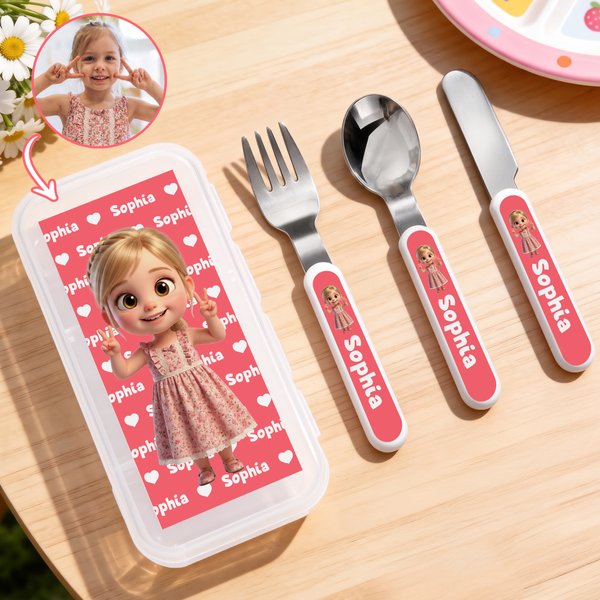 Personalized Cute Photo to Cartoon Safe Stainless Steel Kid's Fork Spoon Knife 3 Pcs Cutlery Set with Case and Name Birthday Gift for Boys Girls