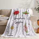Personalised Gran's Garden Happy Cute Birth Flower Character Throw Blanket with 1-10 Name Home Decor Birthday Gift for Mum Gran
