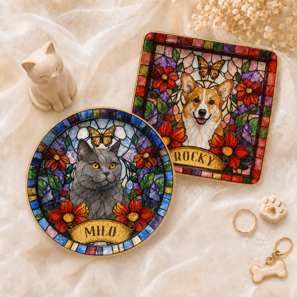 Personalized Stained Glass Style Floral Butterfly Pet Photo Circle Square Ceramic Trinket Jewellery Dish with Name Birthday Gift for Pet Lovers