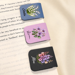 Personalized Multicolour Watercolour Birth Flower Magnetic PU Leather Bookmark Clip with Name Reading Birthday Gift for Book Lovers Bookworms