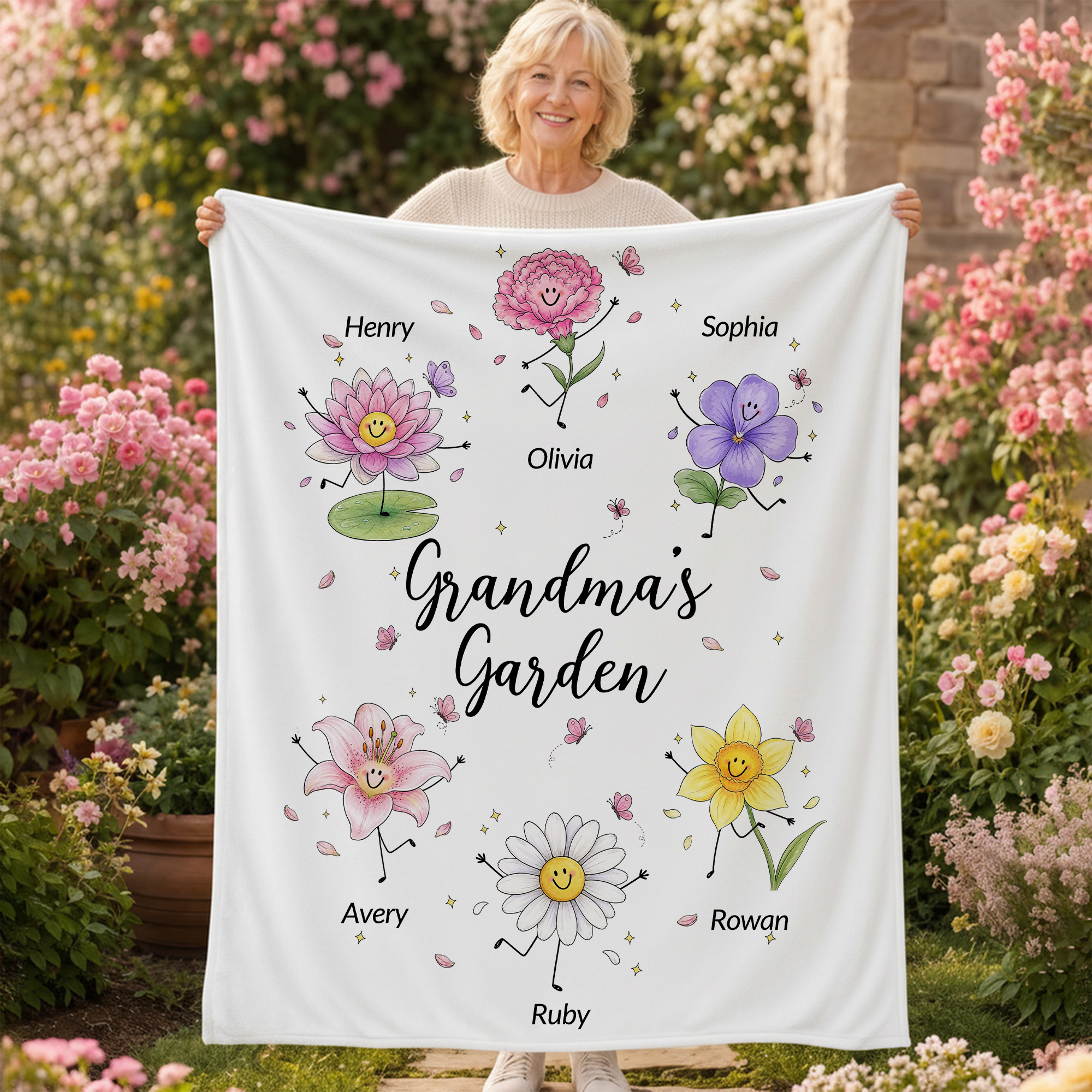 Personalisierte „Grandma’s Garden“ – niedliche Kuscheldecke mit Geburtstagsblume und Figuren, mit Namen (1–10), Wohnaccessoire, Geburtstagsgeschenk für Mama und Oma
