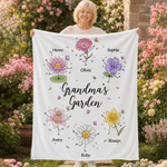 Personalised Gran's Garden Happy Cute Birth Flower Character Throw Blanket with 1-10 Name Home Decor Birthday Gift for Mum Gran