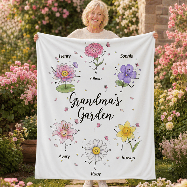 Personalised Gran's Garden Happy Cute Birth Flower Character Throw Blanket with 1-10 Name Home Decor Birthday Gift for Mum Gran