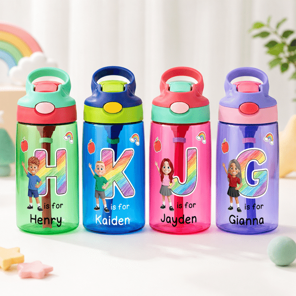 Personalised Rainbow Initial Cartoon Character 16 oz Water Bottle with Name Back to School Birthday Gift for Kids