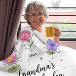 Personalised Gran's Garden Happy Cute Birth Flower Character Throw Blanket with 1-10 Name Home Decor Birthday Gift for Mum Gran