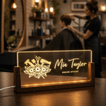 Personalized Hairdressing Pattern Design Acrylic LED Night Light with Name & Position and Wooden Base Hair Salon Birthday Gift for Hairdresser