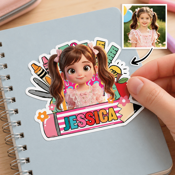 Personalized Cartoon Photo Pencil Waterproof Sticker Label with Name Back to School Birthday Gift for Kids