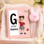 Personalised Cartoon Character A5 Spiral Journal Notebook with Name Initial and Bunny Pom Pen Daily Use Back to School Birthday Gift for Boys Girls