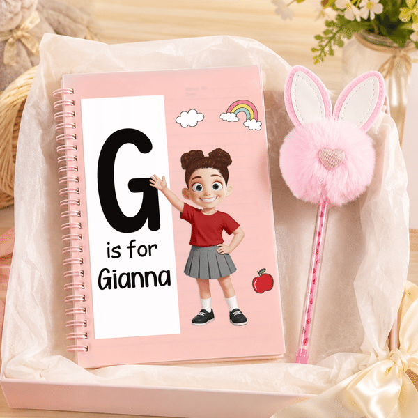 Personalised Cartoon Character A5 Spiral Journal Notebook with Name Initial and Bunny Pom Pen Daily Use Back to School Birthday Gift for Boys Girls