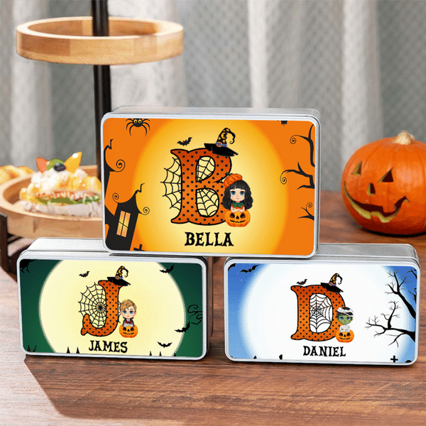 Personalised Cute Cartoon Character Biscuit Tin Box with Initial and Name Halloween Party Gift for Boys Girls