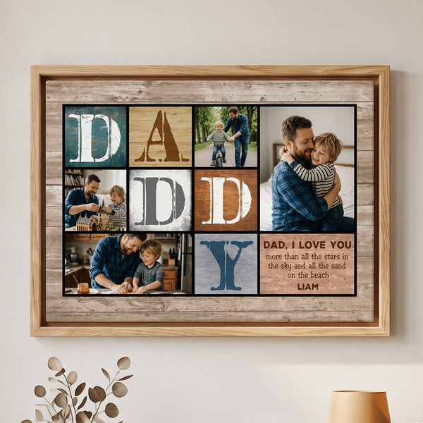 Personalized Daddy Mommy 4 Photos Collage Canvas Prints with Names and Text Warm Minimalist Living Room Decor Ship from USA Birthday Gift for Dad Mom