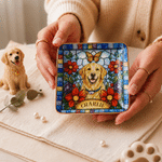 Personalized Stained Glass Style Floral Butterfly Pet Photo Circle Square Ceramic Trinket Jewellery Dish with Name Birthday Gift for Pet Lovers