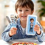 Personalized Cute Photo to Cartoon Safe Stainless Steel Kid's Fork Spoon Knife 3 Pcs Cutlery Set with Case and Name Birthday Gift for Boys Girls