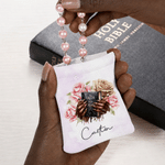 Personalised Black Girl Nail Art Birth Flower PU Leather Rosary Pouch Storage Bag with Name Communion Baptism Religious Gift for Christians