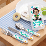 Personalised Cartoon Character Pattern Fork Spoon Knife 3 Pcs Cutlery Set with Name and Case Daily Use Birthday Gift for Kid
