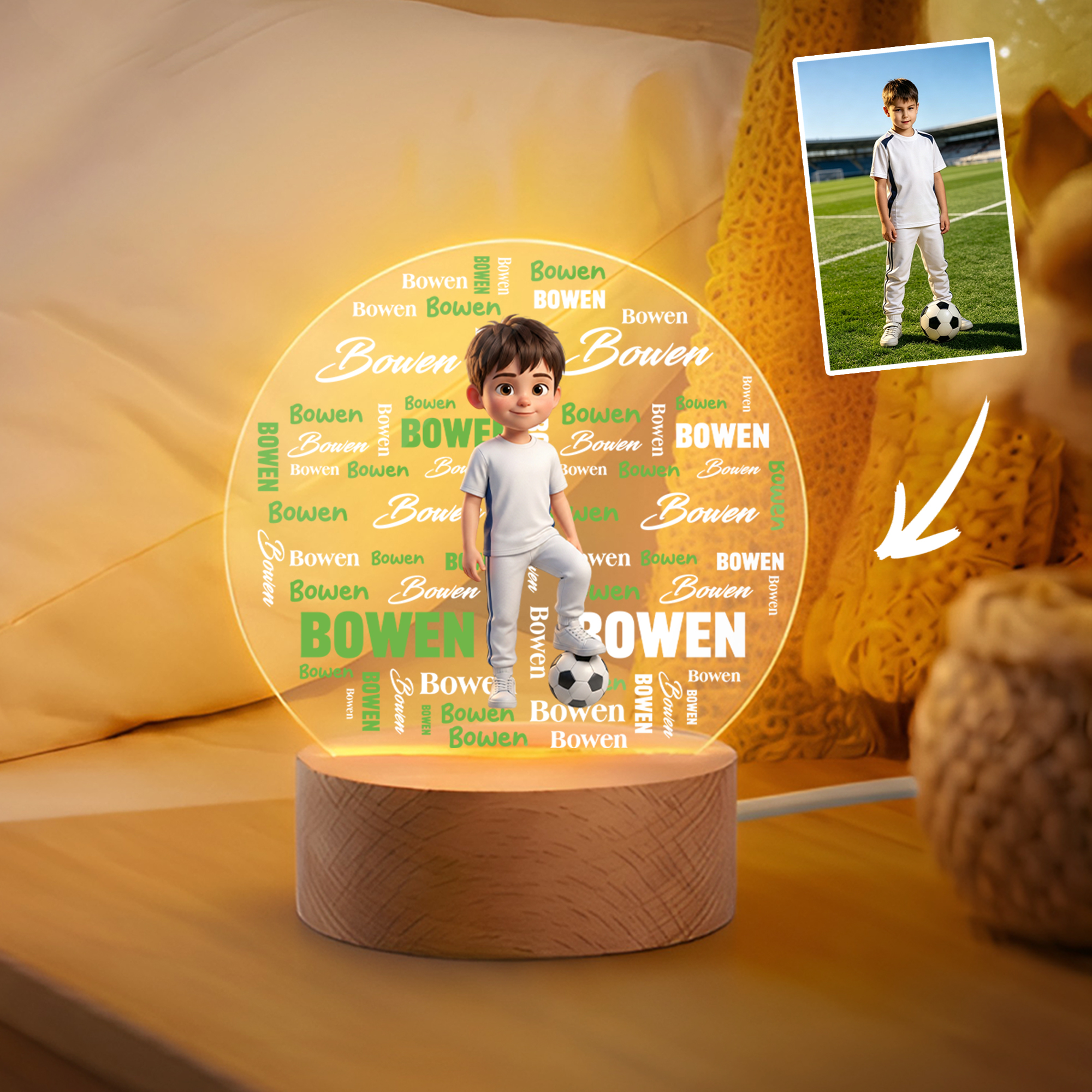 Individuell gestaltetes LED-Nachtlicht aus Acryl mit Cartoon-Foto-Wortwolke, Namen und Holzsockel – Deko für das Kinderzimmer, Geburtstagsgeschenk für Kinder