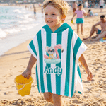 Personalized Cute Cartoon Pattern Multicolor Stripe Quick Drying Hooded Beach Towel with Name Travel Beach Use Birthday Gift for Kids Family