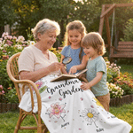 Personalised Gran's Garden Happy Cute Birth Flower Character Throw Blanket with 1-10 Name Home Decor Birthday Gift for Mum Gran