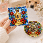 Personalized Stained Glass Style Floral Butterfly Pet Photo Circle Square Ceramic Trinket Jewellery Dish with Name Birthday Gift for Pet Lovers