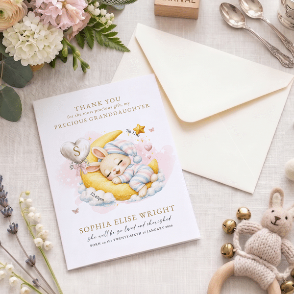 Personalized Watercolor Sleeping Animal Birth Announcement Greeting Card with Name Text and Birth Message Baby Shower Birthday Gift for New Parents