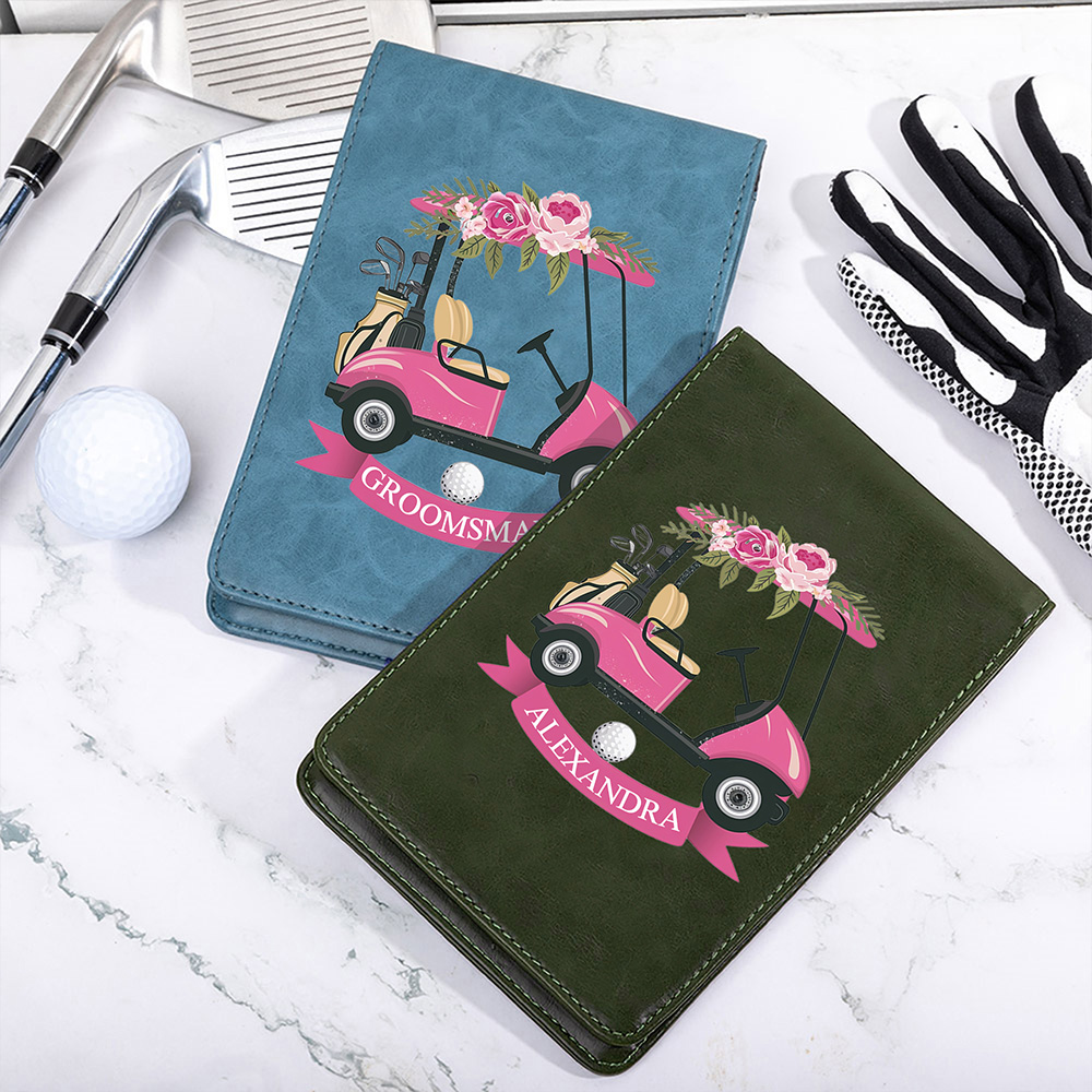 Personalisierte rosa Floral Golf Cart Design Leder Golf Scorecard Halter mit Namen und Bleistift Schleife Portable Golf Zubehör Geschenk für Golfliebhaber Coach
