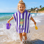 Personalized Cute Cartoon Pattern Multicolor Stripe Quick Drying Hooded Beach Towel with Name Travel Beach Use Birthday Gift for Kids Family