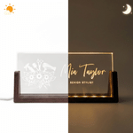 Personalized Hairdressing Pattern Design Acrylic LED Night Light with Name & Position and Wooden Base Hair Salon Birthday Gift for Hairdresser
