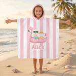 Personalized Cute Cartoon Pattern Multicolor Stripe Quick Drying Hooded Beach Towel with Name Travel Beach Use Birthday Gift for Kids Family