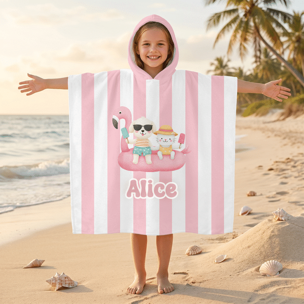 Personalized Cute Cartoon Pattern Multicolor Stripe Quick Drying Hooded Beach Towel with Name Travel Beach Use Birthday Gift for Kids Family