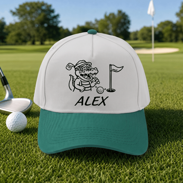 Personalised Fun Crocodile Playing Golf 100% Cotton Hat Baseball Cap with Name Golf Field Use Birthday Gift for Golfers Golf Lovers