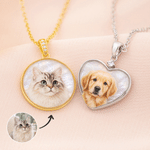 Personalized Pet Photo Pearl Effect Heart Shaped & Round Pendant Necklace with Engraved Text Anniversary Memorial Birthday Gift for Pet Owners Parents
