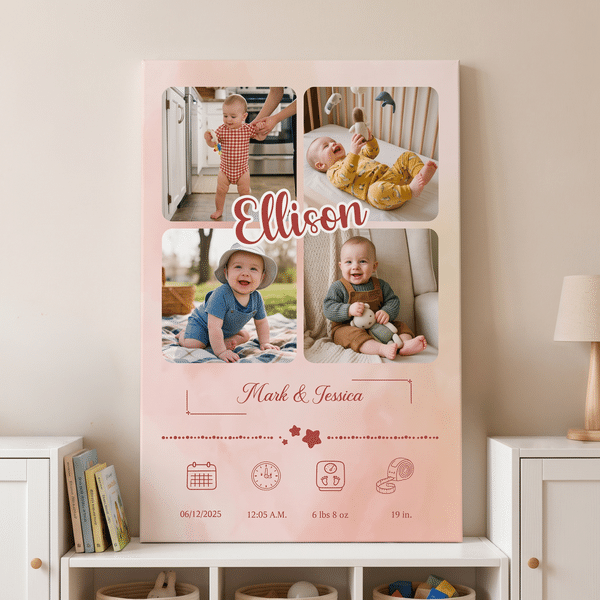 Personalized Multicolour Commemorated 4 Baby Photos Canvas Prints with Name and Baby Information Home Decor Ship from USA Birthday Gift for New Parents