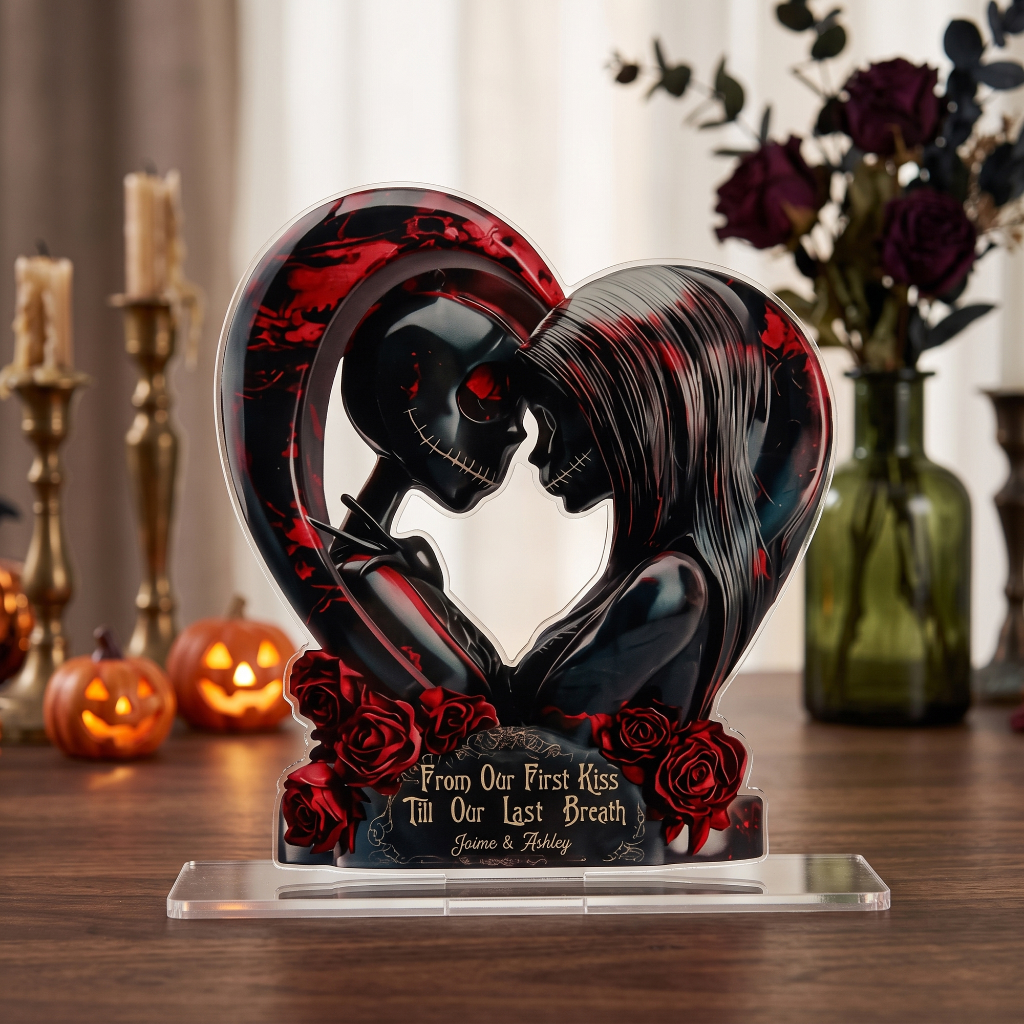 Personalisiertes Acryl-Ornament im Gothic-Stil – „Von unserem ersten Kuss bis zu unserem letzten Atemzug“ – mit den Namen des Paares: Geschenk zum Jahrestag, zur Hochzeit oder zu Halloween für Paare