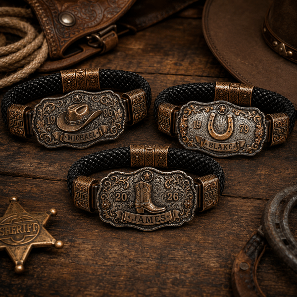 Personalized Horseshoe Cowboy Hat Boot Bracelet with Name & Year, Hand‑Crafted Western Leather Design, Birthday & Anniversary Gift  for Dad/Husband
