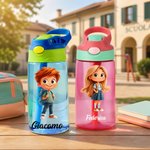 Borraccia 475 ml personalizzata con nome e personaggio, con cannuccia e coperchio - Regalo per rientro a scuola per bambini e ragazzi