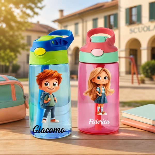 Borraccia 475 ml personalizzata con nome e personaggio, con cannuccia e coperchio - Regalo per rientro a scuola per bambini e ragazzi
