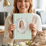 Personalised Photo Watercolour Floral Stripes A5 Spiral Notebook with Name Daily Writing Use Birthday Appreciation Gift for Friends Students Teachers